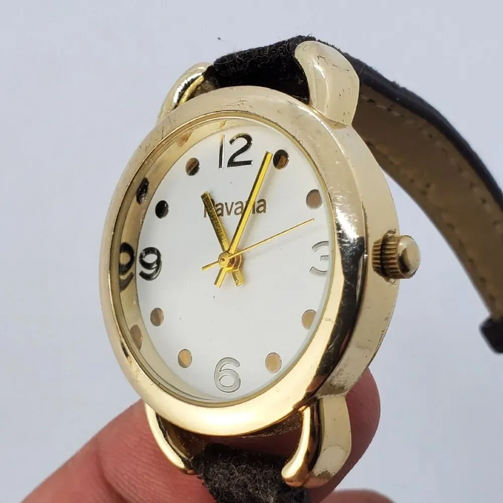 Pavana 32MM Watch Women‎ White Dial Black Suede Leather Bands New Battery